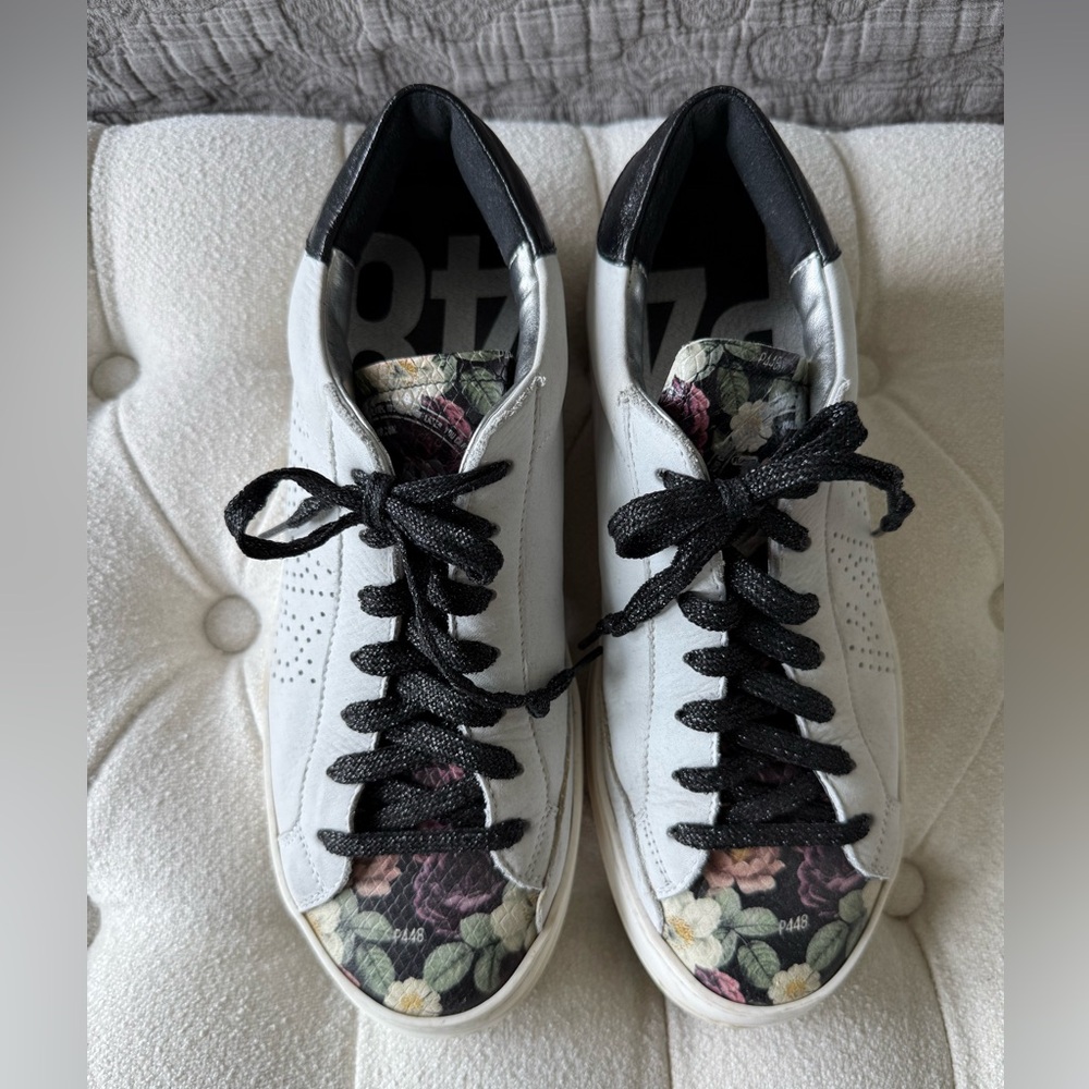 P448 White and Black Sneakers with Moody Floral Design